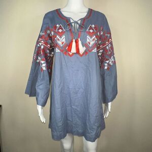 Mudpie Embroidered Bell Sleeve Boho Tassled Blue Tunic (Medium)